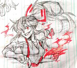 Rule 34 | 1girl, absurdres, bow, breasts, chinese commentary, commentary request, fire, fujiwara no mokou, graphite (medium), grin, hair bow, highres, long hair, marker (medium), medium breasts, ponytail, pyrokinesis, red hair, sleeves rolled up, smile, solo, touhou, traditional media, xianyujunzhimiyingla