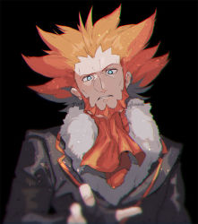 Rule 34 | 1boy, black background, black gloves, black jacket, commentary request, creatures (company), facial hair, fingerless gloves, fur-trimmed jacket, fur trim, game freak, gloves, jacket, kusuribe, looking at viewer, lysandre (pokemon), male focus, nintendo, orange hair, parted lips, pokemon, pokemon xy, signature, simple background, solo, spiked hair, team flare