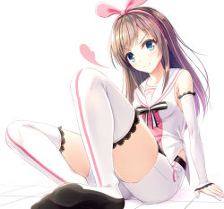 Rule 34 | 1girl, bad id, bad pixiv id, blue eyes, brown hair, commentary, detached sleeves, hairband, kine-c, kizuna ai, kizuna ai inc., lace, lace-trimmed legwear, lace trim, long hair, looking at viewer, multicolored hair, pink hair, pink hairband, sailor collar, shirt, shorts, sitting, smile, solo, streaked hair, thighhighs, two-tone hair, v-shaped eyebrows, virtual youtuber, white sailor collar, white shirt, white shorts, white thighhighs