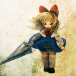 Rule 34 | blonde hair, blue dress, blue eyes, bow, bowtie, brown background, capelet, doll, dress, faux traditional media, full body, hair bow, hairband, lance, polearm, red bow, red bowtie, shanghai doll, solo, souri, standing, sword, thighhighs, third-party edit, touhou, weapon, white thighhighs