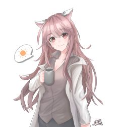 Rule 34 | 1girl, absurdres, animal ears, artist request, bad id, bad twitter id, black shirt, blouse, blush, breasts, brown hair, cat ears, cleavage, coffee mug, collared shirt, cup, eyes visible through hair, girls&#039; frontline, highres, lab coat, long hair, looking at viewer, medium breasts, mug, persica (girls&#039; frontline), red eyes, shirt, signature, simple background, smile, solo, standing, white background