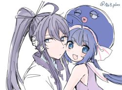 Rule 34 | 1boy, 1girl, :d, animal hat, blue eyes, blue hair, closed mouth, fang, hair tie, hat, high ponytail, kamui gakupo, long hair, looking at viewer, n03+, no3+, open mouth, otomachi una, otomachi una (talkex), ponytail, purple eyes, purple hair, sleeveless, smile, upper body, vocaloid
