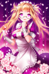 Rule 34 | 1girl, aile (crossroads), apron, bandages, blonde hair, bow, breasts, cleavage, clenched hands, dress, flower, frills, gardener maid, glasses, gloves, grin, holding, large breasts, long hair, maid, maid apron, maid headdress, open mouth, petals, pink eyes, pinstripe pattern, smile, solo, striped, sword girls