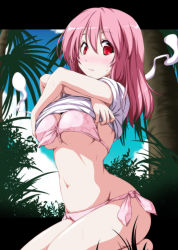 Rule 34 | 1girl, alternate costume, ass, bikini, blush, breasts, clothes lift, day, from side, front-tie bikini top, front-tie top, grass, hair between eyes, highres, kneeling, large breasts, lips, looking at viewer, navel, nori tamago, outdoors, pink eyes, pink hair, saigyouji yuyuko, seiza, shirt, shirt lift, short hair, side-tie bikini bottom, sitting, solo, stomach, swimsuit, touhou, underboob, undressing, wet, white shirt
