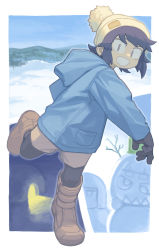Rule 34 | 1girl, beanie, black gloves, black hair, blue jacket, boots, brown footwear, brown shorts, commission, day, full body, gloves, grin, hat, highres, hood, hood down, hooded jacket, igloo, jacket, kantai collection, leg up, long sleeves, looking at viewer, miyuki (kancolle), mizuno (okn66), outdoors, pom pom (clothes), short hair, shorts, skeb commission, sky, smile, snow, snow shelter, snowman, solo, throwing, yellow hat