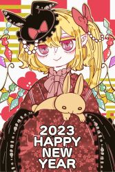 Rule 34 | 1girl, 2023, alternate costume, alternate headwear, black hat, blonde hair, chinese zodiac, closed mouth, earrings, english text, flandre scarlet, frilled headwear, hair between eyes, happy new year, hat, head tilt, japanese clothes, jewelry, kimono, light smile, long hair, long sleeves, looking at viewer, mob cap, multicolored wings, new year, one side up, pointy ears, rabbit, red background, red eyes, red kimono, shishamo (memehituji02), simple background, solo, touhou, white background, wide sleeves, wings, year of the rabbit