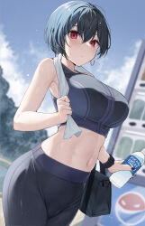 Rule 34 | 1girl, bag, bare arms, bare shoulders, black bag, black hair, black nails, black sports bra, blush, bottle, brand name imitation, breasts, closed mouth, earrings, highres, holding, holding bottle, jewelry, large breasts, looking at viewer, nail polish, navel, original, outdoors, pants, pocari sweat, red eyes, short hair, sleeveless, solo, sports bra, stomach, sweat, towel, water bottle, xe (execut3r), yoga pants
