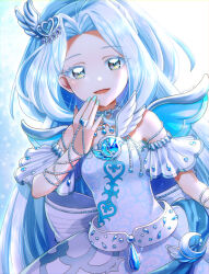 Rule 34 | 1girl, :d, bare shoulders, blue dress, blue eyes, blue gemstone, blue hair, blue nails, commentary request, cowboy shot, crescent, detached sleeves, dress, fake wings, gem, hair ornament, hand on own face, hand up, heart, heart hair ornament, highres, hizuki (hiduki6121), jewelry, kiratto pri chan, long hair, looking at viewer, nail polish, open mouth, pretty series, print dress, ring, shiratori anju, smile, solo, sparkle, standing, very long hair, white background, wing hair ornament, wings