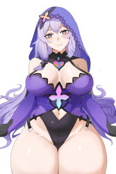 Rule 34 | 1girl, bare shoulders, black swan (honkai: star rail), breasts, clothing cutout, commentary, cowboy shot, dress, elbow gloves, gloves, grey eyes, groin, highres, honkai: star rail, honkai (series), large breasts, long hair, looking at viewer, navel, navel cutout, purple dress, purple hair, simple background, sleeveless, sleeveless dress, smile, solo, standing, thick thighs, thighs, veil, very long hair, white background, yellow glasses (odivichno)
