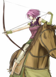 Rule 34 | 1girl, arrow (projectile), asymmetrical gloves, bow (weapon), delsaber, drawing bow, elbow gloves, fingerless gloves, fire emblem, fire emblem: the sacred stones, gloves, headband, holding, holding bow (weapon), holding weapon, horse, horseback riding, mismatched gloves, mounted archery, neimi (fire emblem), nintendo, pink eyes, pink hair, riding, short hair, single elbow glove, solo, weapon