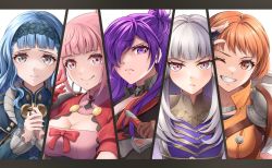 Rule 34 | 5girls, :q, blue hair, breasts, cleavage, cleavage cutout, clothing cutout, earrings, female focus, fingerless gloves, fire emblem, fire emblem: three houses, fire emblem warriors, fire emblem warriors: three hopes, gloves, grey eyes, grey hair, grin, hairband, hilda valentine goneril, jewelry, leonie pinelli, lysithea von ordelia, marianne von edmund, matching hair/eyes, multiple girls, nintendo, one eye closed, orange eyes, orange hair, pink eyes, pink hair, purple eyes, purple hair, red gloves, shez (female) (fire emblem), shez (fire emblem), smile, sword, ten (tenchan man), tongue, tongue out, weapon, wink