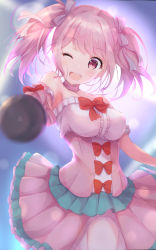 Rule 34 | 1girl, ;d, bang dream!, bare shoulders, blurry, blurry background, bow, breasts, center frills, choker, collarbone, commentary request, depth of field, dress, frills, hair ribbon, head tilt, highres, holding, holding microphone, kurai masaru, looking at viewer, maruyama aya, medium breasts, medium hair, microphone, one eye closed, open mouth, outstretched arm, pink choker, pink dress, pink eyes, pink hair, red bow, ribbon, short dress, smile, solo, standing, strapless, strapless dress, twintails, underbust, white ribbon