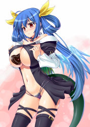 Rule 34 | 1girl, arc system works, asymmetrical wings, between breasts, blue hair, breasts squeezed together, breasts, bursting breasts, chocolate, dizzy (guilty gear), guilty gear, highres, huge breasts, kawase seiki, large breasts, long hair, navel, red eyes, solo, tail, thighhighs, twintails, underboob, valentine, wings