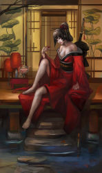 Rule 34 | 1girl, alcohol, bare shoulders, barefoot, breasts, brown hair, cleavage, feet, highres, japanese clothes, katana, kimono, md5 mismatch, medium breasts, narongchai singhapand, original, readman, resized, sake, solo, sword, weapon