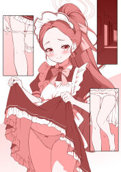 Rule 34 | 1girl, apron, barefoot, blue archive, blush, bow, bow panties, bowtie, closed mouth, dress, forehead, frilled apron, frills, halo, highres, kouji (campus life), long hair, maid, maid apron, maid headdress, monochrome, official alternate costume, panties, panty pull, ponytail, puffy short sleeves, puffy sleeves, pulled by self, short sleeves, smile, solo, underwear, yuzu (blue archive), yuzu (maid) (blue archive)