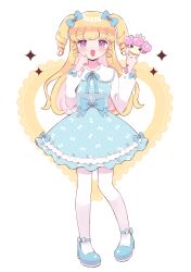 Rule 34 | 1girl, :d, absurdres, blonde hair, blue bow, blue dress, blue footwear, blush, bow, character food, collared dress, dress, food, full body, hair bow, hands up, highres, holding, holding food, holding ice cream, hoshikuzu (pinkholic), ice cream, ice cream cone, idol time pripara, long hair, long sleeves, looking at viewer, mary janes, open mouth, pantyhose, pretty series, pripara, punicorn, purple eyes, ringlets, shoes, smile, solo, sparkle, standing, two side up, white pantyhose, yumekawa yui