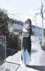 Rule 34 | 1girl, black kimono, blue sky, brown eyes, building, closed mouth, expressionless, fence, geta, grey hair, highres, japanese clothes, kimono, long hair, long sleeves, looking at viewer, obi, original, outdoors, photo background, power lines, sandals, sash, silo (owo), sky, solo, standing, utility pole