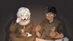 Rule 34 | 2boys, :t, absurdres, bags under eyes, black hair, blue eyes, bowl, closed eyes, coat, commentary, curly hair, dark-skinned male, dark skin, dungeon meshi, eating, elf, english commentary, grey hair, highres, holding, holding bowl, holding spoon, kabru, male focus, mithrun, multiple boys, open mouth, pachix2 corgi, pants, pointy ears, scarf, shirt, short hair, simple background, sitting, spoon, steam, wavy hair, winter clothes