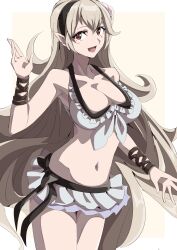Rule 34 | 1girl, :d, absurdres, bare shoulders, bikini, black hairband, breasts, cleavage, collarbone, corrin (female) (fire emblem), corrin (female) (summer) (fire emblem), corrin (fire emblem), fire emblem, fire emblem fates, fire emblem heroes, hair between eyes, hairband, highres, large breasts, long hair, navel, nintendo, official alternate costume, open mouth, pointy ears, red eyes, smile, solo, swimsuit, to (tototo tk), very long hair, white bikini, white hair