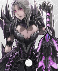 Rule 34 | 1girl, alatreon (armor), aoin, armlet, armor, bad id, bad pixiv id, blonde hair, breasts, capcom, cleavage, female focus, grey hair, large breasts, lips, long hair, monster hunter (series), monster hunter 3, pauldrons, pink eyes, red eyes, shoulder armor, solo, sword, weapon