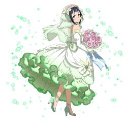 Rule 34 | 1girl, anklet, black hair, blue eyes, bouquet, bridal veil, closed mouth, detached sleeves, dress, flower, from side, full body, green footwear, high heels, highres, holding, holding bouquet, jewelry, long dress, long sleeves, looking at viewer, looking back, mole, mole under eye, official art, pink flower, pink rose, pumps, rose, sachi (sword art online), short hair, sleeveless, sleeveless dress, smile, solo, sword art online, transparent, transparent background, veil, walking, white dress, white sleeves, yuki sasame