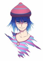 Rule 34 | 1boy, blue hair, blue shirt, blunt bangs, brown hat, collarbone, commentary, cropped shoulders, english commentary, genderswap, genderswap (otm), hat, highres, len&#039;en, lenk64, looking at viewer, male focus, parted lips, pectoral cleavage, pectorals, pink shirt, red eyes, senri haiji, shaded face, shirt, short hair, signature, simple background, smirk, solo, striped clothes, striped headwear, striped shirt, two-tone shirt, white background