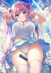 Rule 34 | 1girl, arms up, between thighs, blue eyes, blue skirt, bra visible through clothes, breasts, bug, butterfly, cameltoe, cherry blossoms, cleavage, closed mouth, clothes lift, commentary request, day, frilled panties, frills, hair between eyes, hair ribbon, highres, insect, kino (kino konomi), large breasts, long hair, looking at viewer, midriff peek, navel, original, outdoors, panties, pink hair, racket, ribbon, shirt, short sleeves, skirt, skirt lift, sky, smile, solo, sportswear, tennis net, tennis racket, tennis uniform, thighhighs, thighs, twintails, unbuttoned, unbuttoned shirt, underwear, white panties, white shirt, white thighhighs
