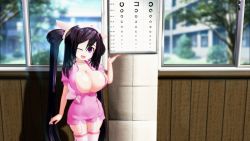 Rule 34 | 1girl, 3d, ariane cevaille (silo9), artist request, black hair, breasts, cleavage, dress, female focus, garter straps, hat, huge breasts, long hair, looking at viewer, nurse, nurse cap, one eye closed, open mouth, pink thighhighs, purple eyes, short dress, silo9, smile, solo, thighhighs, twintails, window, wink