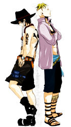 Rule 34 | 2boys, back-to-back, blonde hair, crossed arms, hat, jewelry, jolly roger, male focus, marco (one piece), multiple boys, necklace, one piece, open clothes, open shirt, pirate, portgas d. ace, purple shirt, sandals, sash, shirt, shorts, simple background, stampede string, standing, tattoo, topless male