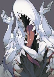 Rule 34 | 1other, black eyes, commentary, extra arms, grey background, highres, koroguchi, long tongue, monster, original, own hands clasped, own hands together, pale skin, sharp teeth, signature, simple background, solo, teeth, tongue