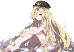 Rule 34 | 1girl, absurdly long hair, absurdres, artist name, black hat, black souls, blonde hair, breasts, chinese commentary, closed mouth, completely nude, eyes visible through hair, feet, frown, green eyes, hair censor, hair over one eye, hat, highres, legs together, long hair, looking at viewer, nude, own hands together, pupa jiang, rapunzel (black souls), shadow, simple background, sitting, small breasts, solo, toenails, very long hair, white background