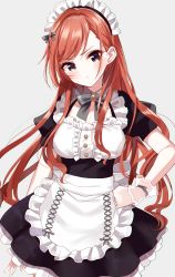 Rule 34 | 1girl, :t, alternate costume, apron, arisugawa natsuha, bad id, bad pixiv id, black dress, bow, brown eyes, brown hair, center frills, closed mouth, collarbone, commentary request, dress, enmaided, frilled apron, frilled dress, frills, grey background, grey bow, hand on own hip, head tilt, highres, idolmaster, idolmaster shiny colors, long hair, looking at viewer, maid, maid headdress, misumi (macaroni), pout, puffy short sleeves, puffy sleeves, see-through, short sleeves, simple background, solo, v-shaped eyebrows, very long hair, waist apron, white apron, wrist cuffs