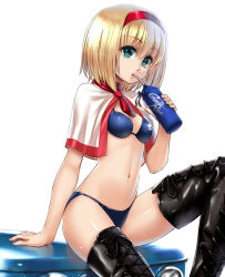 Rule 34 | 1girl, alice margatroid, alternate costume, bad id, bad pixiv id, bikini, blonde hair, blue bikini, boots, breasts, capelet, cross-laced footwear, drinking straw, green eyes, hairband, lace-up boots, navel, race queen, short hair, small breasts, solo, swimsuit, takemori shintarou, thigh boots, thighhighs, touhou