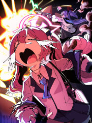 Rule 34 | 2girls, absurdres, bag, battle, blazer, blue archive, blue necktie, closed eyes, commentary, crying, dress shirt, english commentary, explosion, facing viewer, fingerless gloves, firing, fleeing, furrowed brow, geonbanmaen, gloves, gun, hair ornament, halo, highres, holding, holding gun, holding weapon, jacket, jacket partially removed, koyuki (blue archive), long hair, multiple girls, necktie, open clothes, open jacket, open mouth, outstretched arm, pink hair, pleated skirt, profile, purple eyes, purple hair, raised eyebrows, shirt, shoulder bag, sig mpx, skirt, smoke, snot, solo focus, submachine gun, twintails, two side up, weapon, white jacket, yuuka (blue archive)