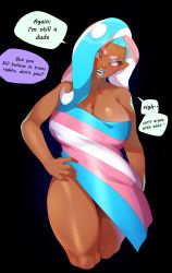 Rule 34 | 1girl, absurdres, bare shoulders, blue eyeshadow, blue hair, blue lips, breasts, cleavage, combos &amp; doodles, commentary, cropped legs, curvy, dark-skinned female, dark skin, dress, english commentary, english text, eyeshadow, futanari, hand on own hip, highres, huge breasts, lgbt pride, lipstick, long hair, looking away, makeup, mole, mole under mouth, multicolored clothes, multicolored dress, multicolored hair, newhalf, nintendo, octoling, octoling player character, pink eyes, pink hair, pointy ears, solo, speech bubble, splatoon (series), splatoon 2, standing, strapless, strapless dress, striped clothes, striped dress, suction cups, takoko yakisoba (combos &amp; doodles), tentacle hair, thick thighs, thighs, transgender flag, two-tone hair