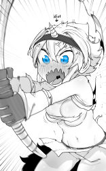 Rule 34 | 1girl, absurdres, accidental exposure, anger vein, blue eyes, blush, breasts, elbow gloves, emphasis lines, fishing hook, fishing rod, gloves, hairband, highres, horns, kirin (armor), medium breasts, midriff, monster hunter (series), motion blur, navel, niwarhythm, open mouth, panties, short hair, single horn, solo, spot color, torn clothes, torn panties, underwear, uvula, wardrobe malfunction, wavy mouth