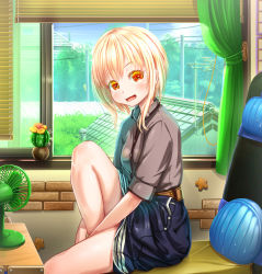 Rule 34 | 1girl, aiuabo, blonde hair, blush, cactus, curtains, electric fan, looking at viewer, orange eyes, original, parted lips, short hair, short sleeves, sitting, smile, solo, window