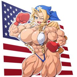 Rule 34 | 1girl, abs, bandana, blonde hair, blue eyes, boxing gloves, breasts, capcom, devmgf, extreme muscles, female focus, justice gakuen, large breasts, moero! justice gakuen, muscular, shiritsu justice gakuen, solo, tiffany lords, wink