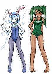 Rule 34 | 2girls, alternate costume, anger vein, angry, animal ears, bare legs, barefoot, blue eyes, blue hair, blush, breasts, clenched hand, clenched hands, dark skin, dark-skinned female, genderswap, genderswap (mtf), green hair, highres, league of legends, long hair, medium breasts, multiple girls, nam (valckiry), one-piece swimsuit, pantyhose, personification, playboy bunny, renekton, school swimsuit, short hair, small breasts, standing, sweat, swimsuit, twintails, xerath, yellow eyes