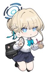 Rule 34 | 1girl, bag, bag charm, black footwear, black socks, blonde hair, blue archive, blue bow, blue eyes, blue hair, blue skirt, bow, braid, breasts, bubble tea, charm (object), chestnut mouth, chibi, collared shirt, commentary request, cup, disposable cup, dress shirt, drinking straw, full body, hair bun, halo, holding, holding cup, looking at viewer, medium breasts, multicolored hair, nyaru (nyaru 4126), parted lips, pleated skirt, rio (blue archive), school bag, school uniform, shirt, shoes, simple background, skirt, socks, solo, streaked hair, toki (blue archive), white background, white shirt