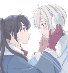 1boy 1girl allen_walker black_hair blue_coat blue_eyes blue_sweater blush bow bowtie closed_mouth coat couple d.gray-man dress_shirt earmuffs earrings facial_mark gloves highres holding_earmuffs jewelry lenalee_lee long_hair looking_at_another open_mouth purple_eyes raito_dg red_bow red_bowtie red_gloves shirt signature smile sweater turtleneck turtleneck_sweater twintails white_coat white_hair winter_clothes