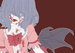 Rule 34 | 1girl, absurdres, bat wings, blood, blood on face, blood on clothes, blue hair, bow, brown background, dress, fangs, frilled sleeves, frills, hair over eyes, hidden eyes, highres, kawayabug, licking lips, pink dress, puffy short sleeves, puffy sleeves, red bow, red ribbon, remilia scarlet, ribbon, short sleeves, simple background, solo, tongue, tongue out, touhou, upper body, wings