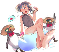 Rule 34 | 1girl, :d, ball, barefoot, beachball, bird, black eyes, black hair, black one-piece swimsuit, borrowed character, breasts, commentary, condom, feet, foot focus, haguhagu (rinjuu circus), hair bobbles, hair ornament, hat, heart, heart-shaped pupils, highleg, highleg swimsuit, holding, holding condom, light soles, looking at viewer, one-piece swimsuit, open mouth, original, penguin, scrunchie, short hair, short twintails, simple background, sitting, small breasts, smile, soles, solo, spoken heart, straw hat, sunglasses, swimsuit, symbol-shaped pupils, tachibana momoka (bubukka), tan, tanline, toes, twintails, white background, wrist scrunchie