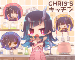 Rule 34 | + +, ..., 2girls, nanashi inc., alternate costume, apron, between fingers, black hair, black shirt, blue hair, blunt bangs, blush, character print, chibi, closed eyes, commentary request, demon girl, demon horns, demon tail, fang, flat chest, flying sweatdrops, holding, holding spoon, honey strap, horns, kitchen, kojo anna, long hair, multicolored hair, multiple girls, open mouth, pink apron, pointy ears, pot, purple hair, red eyes, shirt, shishio chris, smile, sparkle, spatula, spoon, sugar lyric, suou patra, tail, twintails, two-tone hair, upper body, virtual youtuber, vita mineral, wooden spoon
