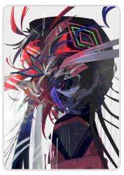 Rule 34 | 1girl, abstract, absurdres, black hood, blue hair, border, commentary request, covered face, flower on face, from side, glitch, grey background, highres, hood, hood up, hooded jacket, jacket, kamitsubaki studio, multicolored clothes, multicolored jacket, portrait, red jacket, rim (kamitsubaki studio), signature, solo, virtual youtuber, white border, yatagarasu yugoro