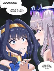 Rule 34 | 2girls, afrodisiac, ancient greek clothes, black hair, blue eyes, blush stickers, circlet, clenched teeth, commentary, crown, english commentary, english text, eye contact, gardavwar, glowing, glowing eyes, greco-roman clothes, grey hair, highres, hololive, hololive english, jewelry, koseki bijou, koseki bijou (1st costume), long hair, looking at another, medusaronii (ouro kronii), multiple girls, neck ring, official alternate costume, ouro kronii, parody, purple hair, red pupils, snake hair, speech bubble, teeth, upper body, v-shaped eyebrows, virtual youtuber