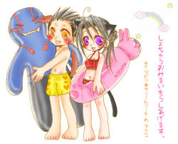 Rule 34 | 1boy, 1girl, ahoge, animal ears, ayako (zugatsu cream soda), barefoot, bikini, black hair, blush, breasts, cat ears, cat girl, cat tail, character request, collarbone, copyright request, dog boy, dog ears, dog tail, fang, heart, heart print, holding, inflatable toy, innertube, long hair, looking at viewer, lowres, male swimwear, navel, open mouth, ponytail, print male swimwear, print swim trunks, print swimsuit, purple eyes, rainbow, red bikini, short hair, small breasts, smile, spiked hair, standing, star (symbol), summer, swim ring, swim trunks, swimsuit, tail, topless, white background, yellow eyes, yellow male swimwear, yellow swim trunks