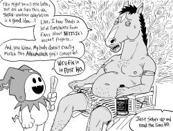 Rule 34 | 2boys, absurdres, adramelech, alcohol, bb (baalbuddy), beer belly, bojack horseman, bojack horseman (series), bottle, commentary, crossover, english commentary, english text, facial mark, fat, fat man, furry, furry male, greyscale, highres, holding, horse boy, jack daniel&#039;s, jack frost (megami tensei), male focus, monochrome, multiple boys, shin megami tensei, shorts, sitting, speech bubble, sweatdrop, topless male, what, whiskey