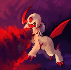 Rule 34 | absol, absurdres, alternate color, bad deviantart id, bad id, beam, commentary, creature, creatures (company), full body, game freak, gen 3 pokemon, glitchedpuppet, green eyes, highres, huge filesize, nintendo, no humans, pokemon, pokemon (creature), pokemon move, purple background, shiny pokemon, signature, solo