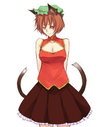 Rule 34 | 1girl, animal ears, arms behind back, bad id, bad pixiv id, bare shoulders, breasts, brown hair, cat ears, cat girl, cat tail, chen, cleavage, cleavage cutout, clothing cutout, earrings, female focus, hat, jewelry, kurokuro, large breasts, multiple tails, aged up, red eyes, seductive smile, short hair, smile, solo, standing, tail, touhou